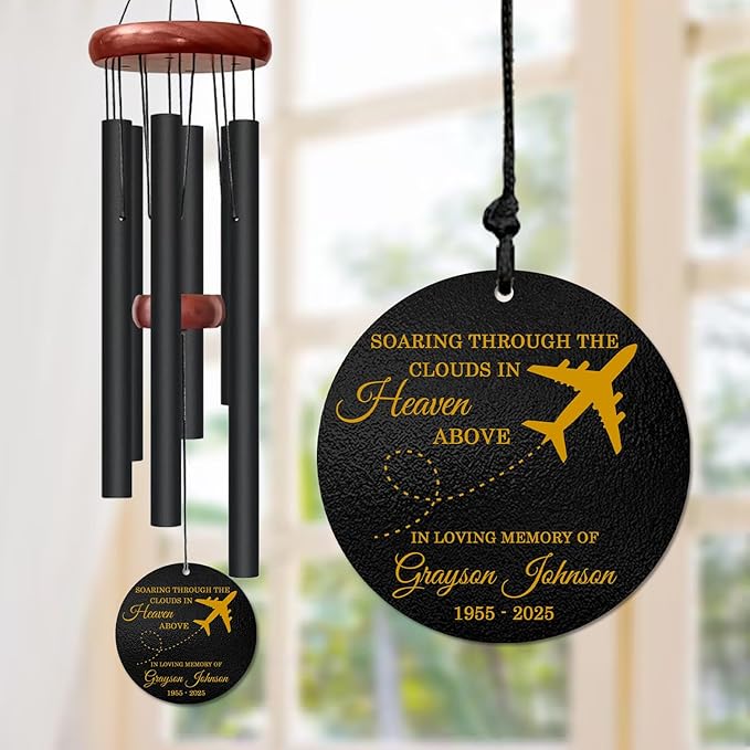 Personalized Aviation Memorial Wind Chime – “Soaring Through The Clouds in Heaven Above” Custom Name & Years – Sympathy Gift for Pilots & Travelers – Remembrance Windchime for Loss of Loved One