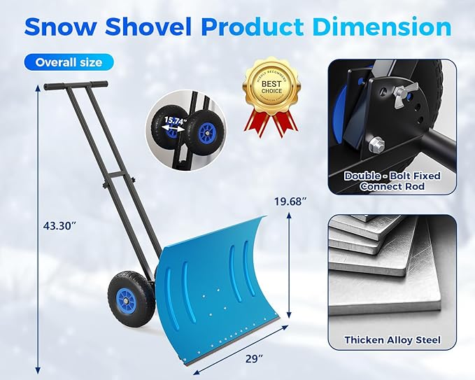 Garvee 29" Snow Pusher Shovel with Wheels,Heavy Duty Steel Snow Shovel with Wheels,Angled Blade Efficient Snow Removal With5-Position Angled Blade & Adjustable Handle for Doorway, Sidewalk, Blue