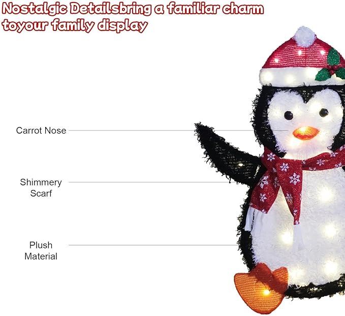 Christmas Decorations Penguin Heart String Lights 40L+40L - 30" 32" H Outdoor Fairy Lights with Transformer, 2M Plug-in Cord, Warm White - for Garden, Yard, Patio,