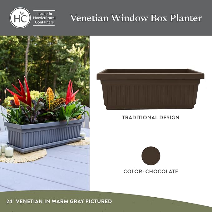 The HC Companies 30 Inch Venetian Window Planter Box with Drainage Plug, Lightweight UV-Resistant Plastic Outdoor Planters, 2-Pack Flower Box for Garden & Home Decor, Chocolate