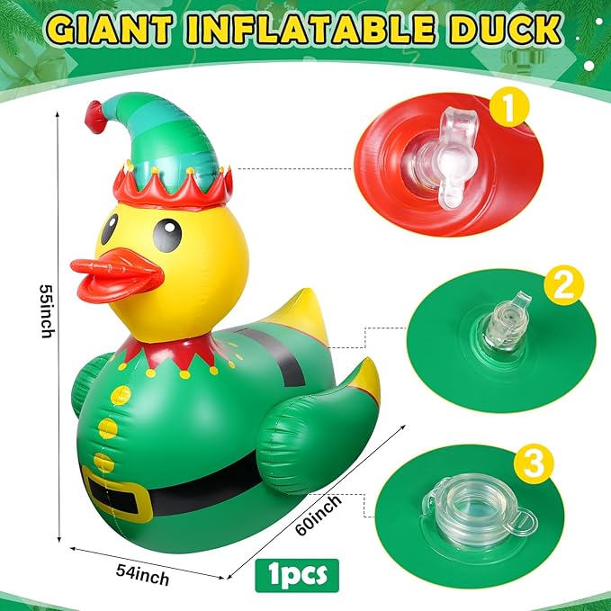 1 Pcs 4.6 Feet Christmas Giant Inflatable Elf Duck Outdoor Decorations,Huge Blow Up Yard Yellow Duck with Green Red Elf Cloth Duck Pool Float for Indoor Christmas Holiday Party Garden Patio Lawn Decor