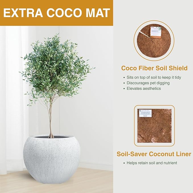 12.8" H x 16" D Globo Fiberstone Round Planter - Christmas Tree Planter, Ribbed Finish, Planters for Indoor Plants & Outdoor, 2 Extra Coco Mats (Speckled White, 10.7" Pot Opening)
