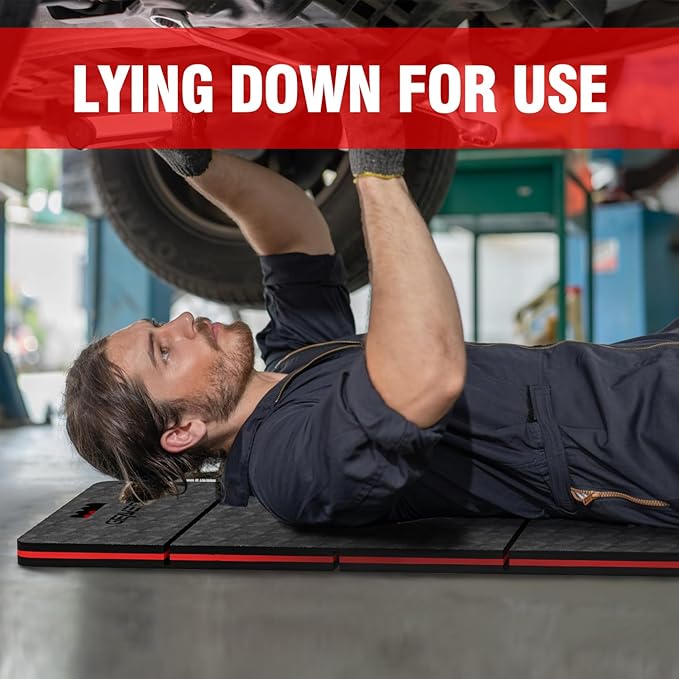 1.1" Extra Thick Foldable Kneeling Pad Mechanic Mat with Handle & Belt, Soft Foam Knee Cushion for Gardening, Garage Work, Workshop Repairing, Yardwork (47.2" x 15.7", Black & Red)