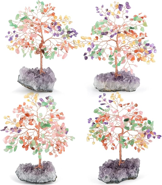 Gemstone Crystal Treeof Life,Chakra Tree Multi Stone Amethyst Cluster Base,Feng Shui Home Decor Bonsai Money Tree,Positive Energy Healing Crystals,Spriture Gift,Size 5.5"-6.3"