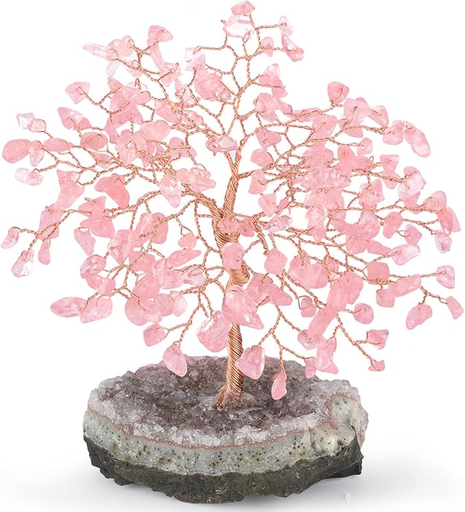 Natural Rose Quartz Gemstone Crystal Tree of Life, Amethyst Cluster Base,Feng Shui Decor Bonsai Money Tree,Healing Crystal Positive Energy Gift Size 5.5-6.3 Inches