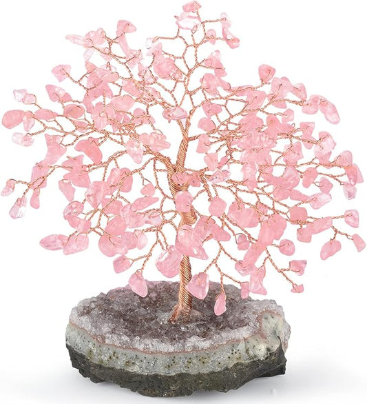 Natural Rose Quartz Gemstone Crystal Tree of Life, Amethyst Cluster Base,Feng Shui Decor Bonsai Money Tree,Healing Crystal Positive Energy Gift Size 5.5-6.3 Inches