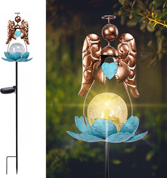 Solar Garden Lights Metal Flower Decor Colorful Solar Pathway Light with LED Cracked Crystal Ball Outdoor Decorative Stake for Patio Yard Lawn Garden Decor (Angel)