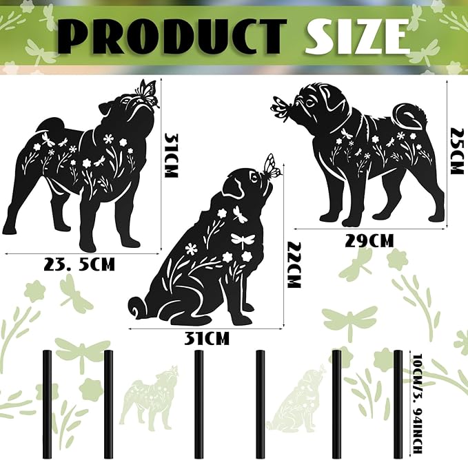 3 Pcs Metal Dog Garden Decor for Outside 12" Puppy Garden Stake Black Silhouette Statues Outdoor Decoration for Animal Lovers Gifts Women Men Patio Lawn Lawn Yard Art(Pug Dog)
