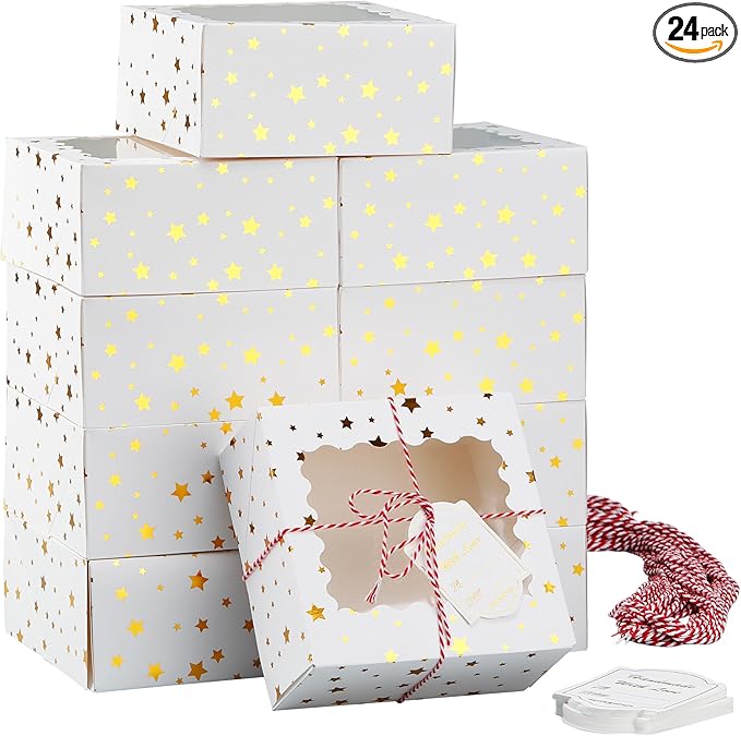 24 Pack 6X6X3 Christmas Cookie Boxes with Window,Gift Giving Gold Foil Star White Bakery Boxes for Mini Cake Pastry,Dessert Cupcakes,Candy Donut Packaging.