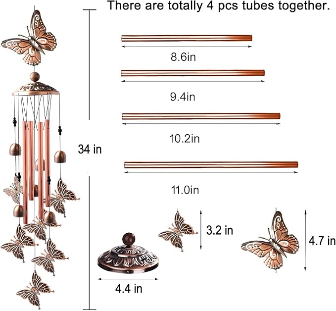 Butterfly Wind Chimes for Outside,34 inch Length Memorial Butterfly Wind Chime with 4 Large Aluminum Tubes & S Hook,Indoor Outdoor Decor Hanging Wind Catcher Bell for Home,Garden,Patio,Backyard,Porch