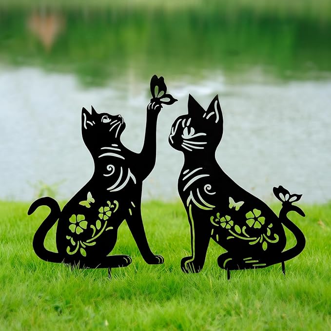 Cat Metal Decor for Outside,Garden Stakes Decorative Cat Gifts for Women/Men,Black Silhouette Statues for Yard Ornaments,Lawn, Patio, Pathway,Outdoor Garden Decor