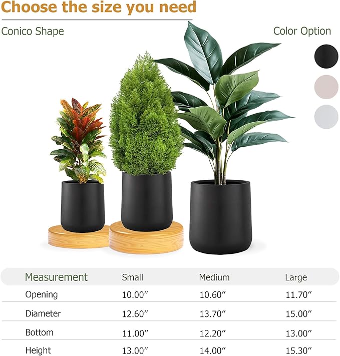 13" H x 12.6" D Conico Fiberstone Round Planter - Christmas Tree Planter, Smooth Finishes, Weather Resistant for Indoor and Outdoor Use, Included 2 Extra Coco Mats (Black, 10" Pot Opening)