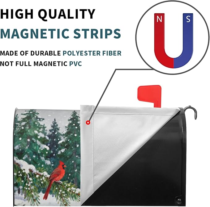 Winter Christmas Large Mailbox Covers Magnetic Oversized Snow Scene Theme Green Red Cardinal Xmas Tree Outdoor Decorative Holiday Seasonal Letter Box Cases for Home Garden Outside Decor, 25.5x21 Inch