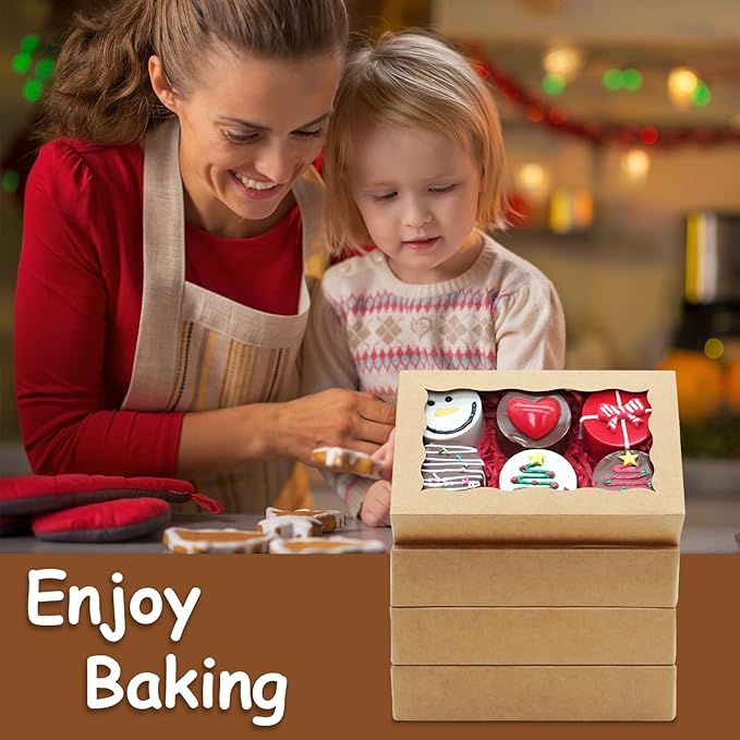 50pcs Cookie Boxes 7" x 4 3/8" x 1 1/2" Inch Bakery Boxes with window Treat Box Chocolate Covered Strawberries Box for Christmas Valentine's Mother's Day - Brown