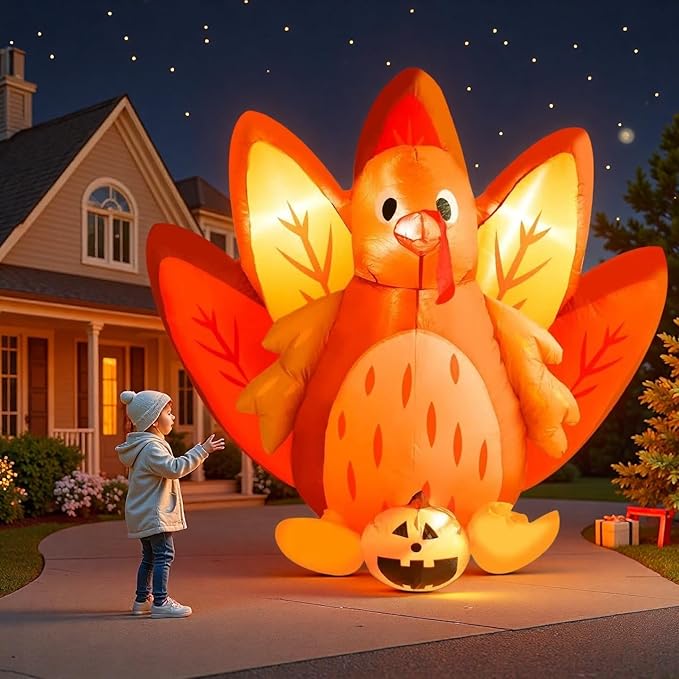 8 FT Christmas Inflatables Santa Claus in Sleigh with Two Reindeer Outdoor Decorations Blow Up Yard Santa Claus with Built-in LEDs (5FT Thanksgiving Inflatable Turkey)
