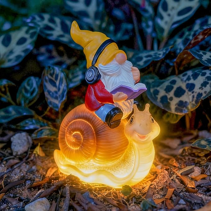 Ferrisland Garden Gnomes Snail Outdoor Figurines with Solar Lights, 10.4 inches Resin Solar Gnomes Decoration Yard Outdoor Garden, Patio Yard Lawn Birthday Housewarming Mother's Day（Gnome on Snail）