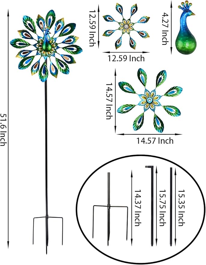 MUMTOP Wind Spinner 51 Inch Peacock Wind Spinner Outdoor Metal with Double Wind Sculpture for Patio, Lawn & Garden Decor