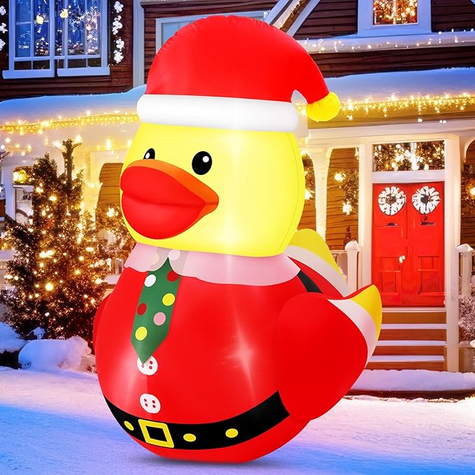 Leyndo 1 Set 5FT Christmas Inflatables Decoration Outdoor Inflatables Duck with Build-in LEDs Lights Giant Blow Up Duck Wear Christmas Hat Santa Claus Costume for Mall Garden Patio Lawn Indoor Party