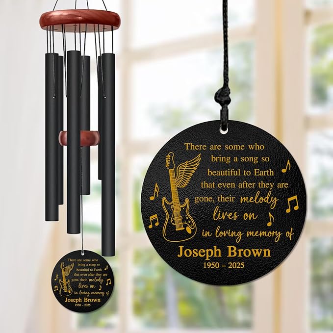 Personalized Guitar Memorial Wind Chime – “Their Melody Lives On” Custom Name & Years – Music Lover Sympathy Gift for Loss of Loved One – Outdoor Remembrance Windchime for Musicians, Singers