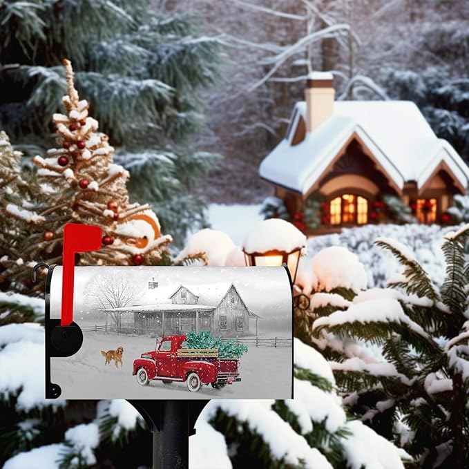 Winter Mailbox Cover Red Truck Snowflake Mailbox Wrap with Magnetic Strip Christmas Dog Snowy Letter Post Box Cover Decoration Welcome Home Outdoor Standard Size 21" Lx 18" W