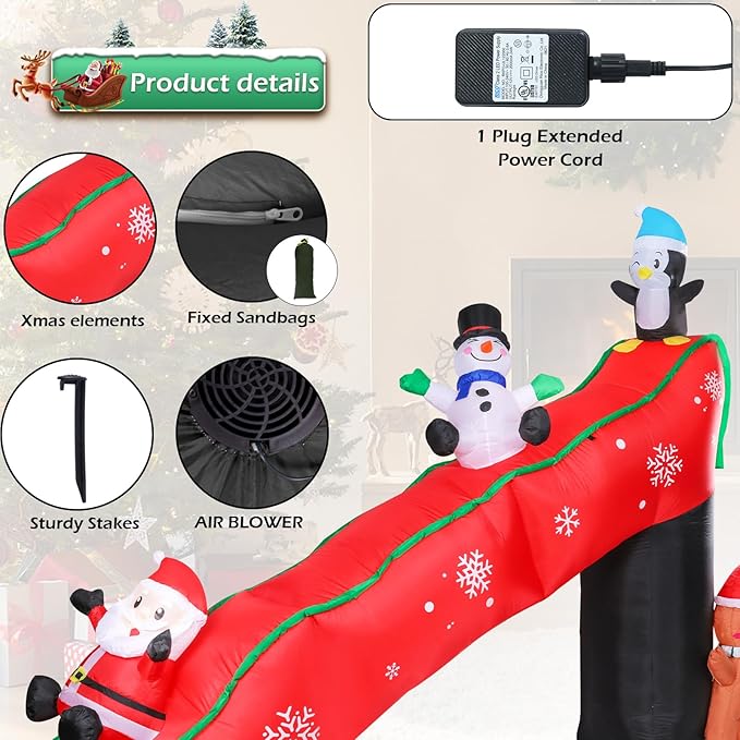 9.7 Ft Long Christmas Inflatables Christmas Blow Up Yard Decorations Christmas Inflatable Santa Clause Snowman Penguin Gingerbread Man Play on Slide Lighted Up Yard Lawn Garden Home Party Decor