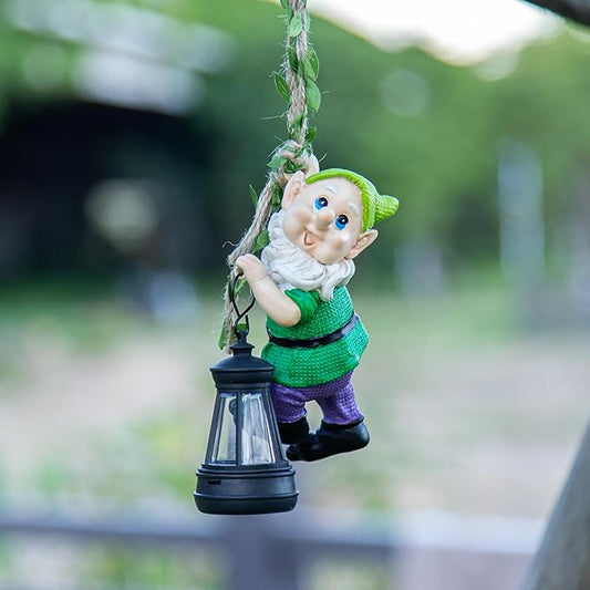 Garden Gnome Solar Lantern Decoration, Green and Purple, Weather-Resistant Resin, Hanging Style, Solar Powered, Whimsical Garden Decor, 6.3 Inch Height