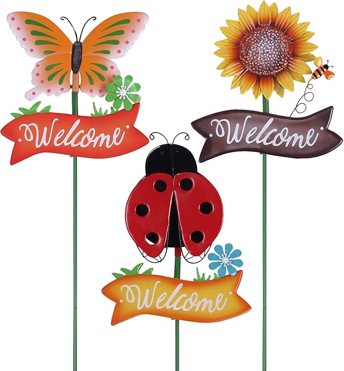 YEAHOME Garden Decor for Outside, Set of 3 Metal 33” Decorative Garden Stakes with Butterfly Ladybug Sunflower for Spring Decorations, Welcome Yard Sign Art Stakes for Outdoor Lawn Backyard Porch