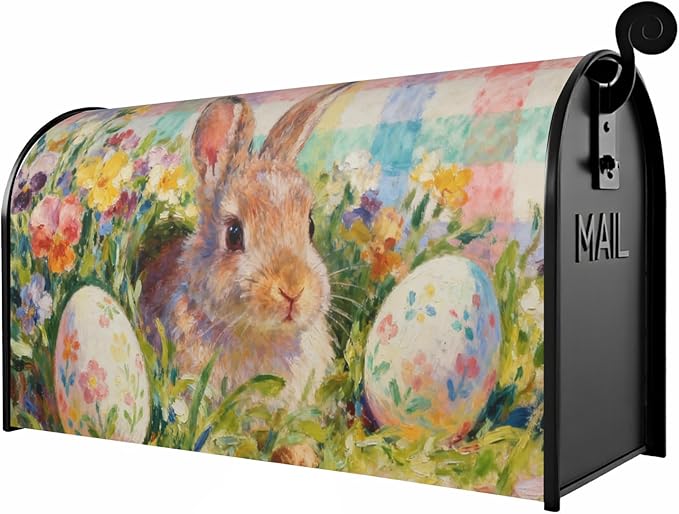 Easter Bunny Floral Large Mailbox Covers Magnetic Oversized Pastel Plaid Rabbit Flower Egg Spring Holiday Theme Outdoor Seasonal Decorative Letter Box Cases for Home Garden Outside Decor, 25.5x21 Inch