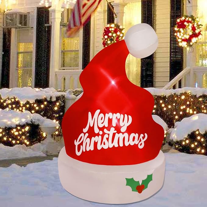 Juegoal Christmas Inflatables Outdoor Decorations, 5FT Inflatable Xmas Hat, Lighted Blow Up Giant Red Hat with Built in LED Lights, Light Up Holiday Winter Roof Lawn Yard Garden Decor