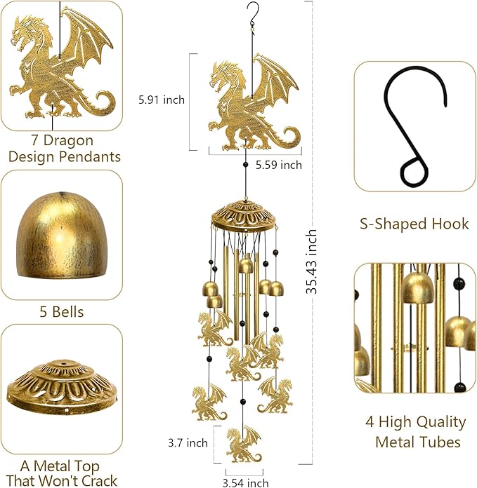 Dragon Wind Chimes for Outside - Indoors Metal Windchime S Hook Inspirational Wall Patio Garden Porch Yard Art Party Home Decor, Unique Housewarming Memorial Festival Gifts for Men/Women/Dad/Grandpa
