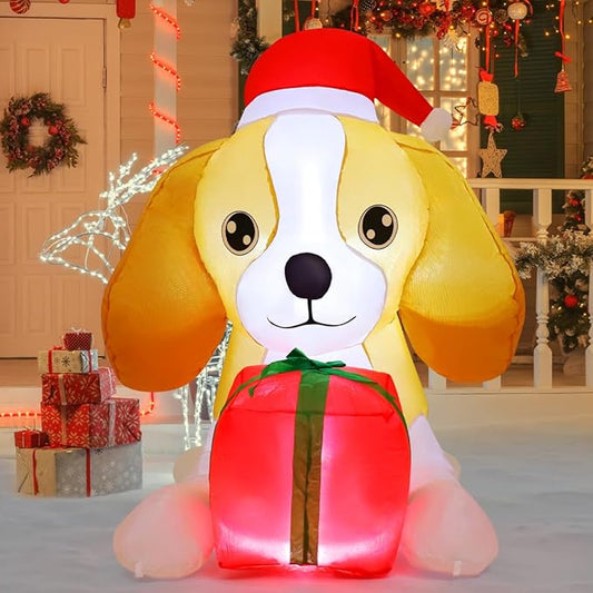 GOOSH 5 FT Long Christmas Inflatables Dog Outdoor Decorations Blow Up Yard Cute Puppy with a Box with Built-in LEDs for Xmas Garden Lawn Indoor Party Decor