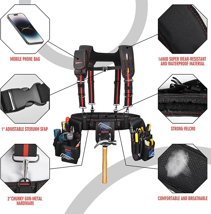 Heavy Duty Tool Belt with Padded Suspenders – Adjustable Construction Tool Rig with Multi-Pouch System – Framing & Electrician Waist Belt for Men（Adjustable one sizeZ)