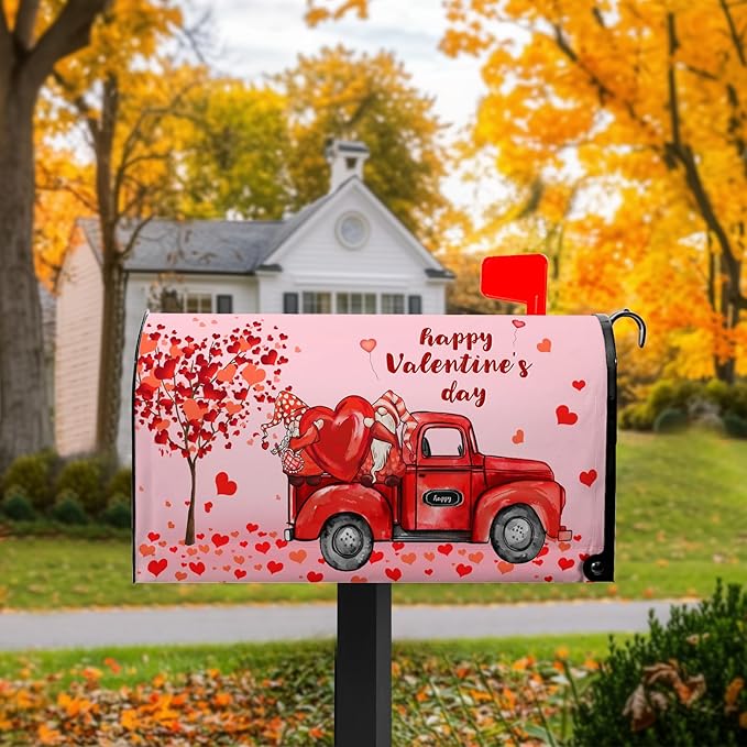 Gnomes Truck Red Valentines Day Mailbox Cover, Standard Size, Waterproof Oxford Fabric, Magnetic, 21x18 Inch