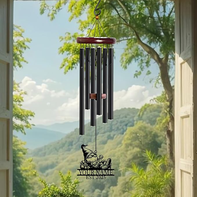 Personalized Customize Name Gnome Wind Chime, Metal Iron 37 Inch Outdoor Memorial Gift for Garden Yard Patio Home Decor, Black，Christmas (Style B)