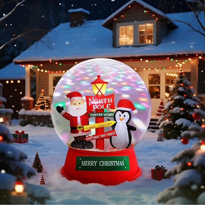 Juegoal Christmas Inflatables Decorations Outdoor, 6FT Inflatable Xmas Snow Globe with Built-in Rotating Lights, Lighted Blow Up Santa & Penguin in Snowing Globe for Holiday Winter Lawn Yard Garden