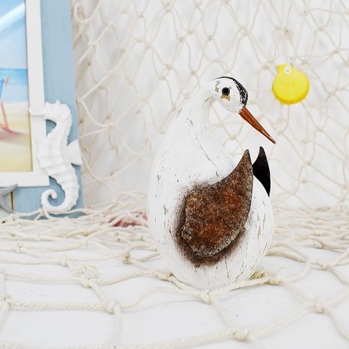 Aecipl Wood Bird Statue Standing Seagull Nautical Decor Coastal Birds Sculpture Indoor Outdoor Animal Figurine Beach Themed Decoration Rustic Home Art for Bedroom Garden (B, S)