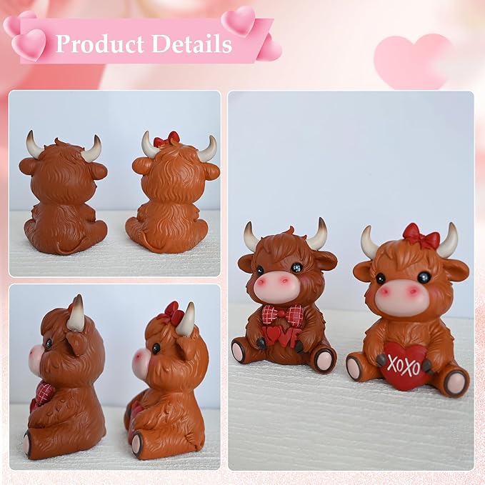 2PCS Valentines Highland Cow Figurine Valentines Day Gifts Valentines Day Decor Highland Cattle Love XOXO Highland Cow Gnomes Resin Figurine Statue Farmhouse Table Home Garden Decor