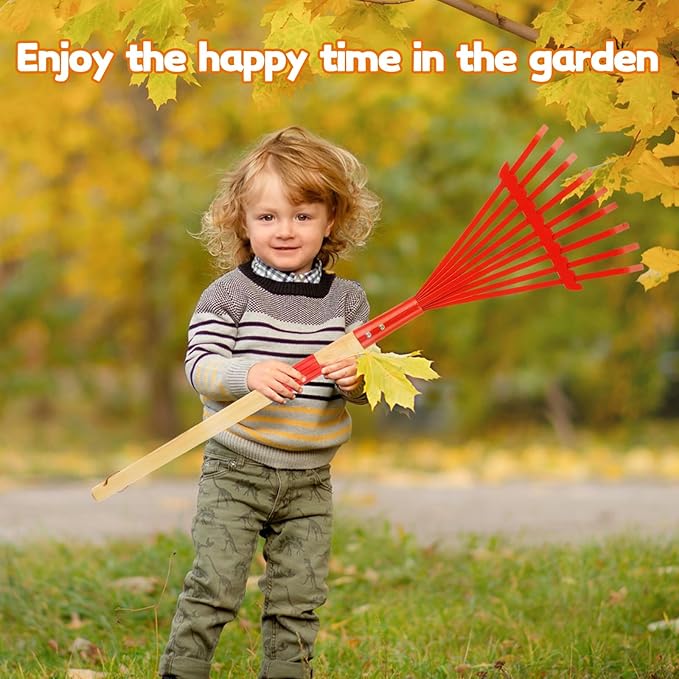 3Pcs Kids Rakes with Hardwood Handle - Metal Kids Leaves Rakes, 28" Child Size Lawn Rakes, Garden Tool Set for Kids Boys and Girls