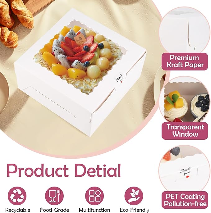 100 Pcs Bakery Boxes with Window, 6x6x3 Inches Cookie Boxes, White Paperboard Treat Boxes for for Pastries, Cookies, Strawberries, Macarons, Desserts, Cupcakes with paper stickers