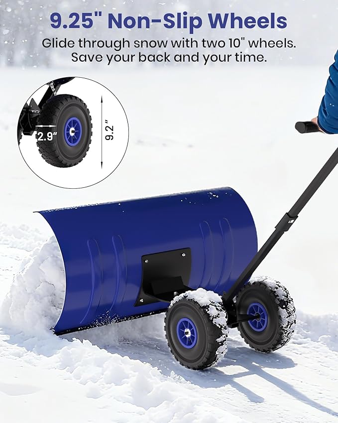 Snow Pusher with Wheels for Driveway, 36" Wide Heavy Duty Steel Blade, 5-Position Angle Adjustment & 60° Tilt Handle, Ergonomic Push Snow Shovel with Ground Protection for Effortless Snow Removal