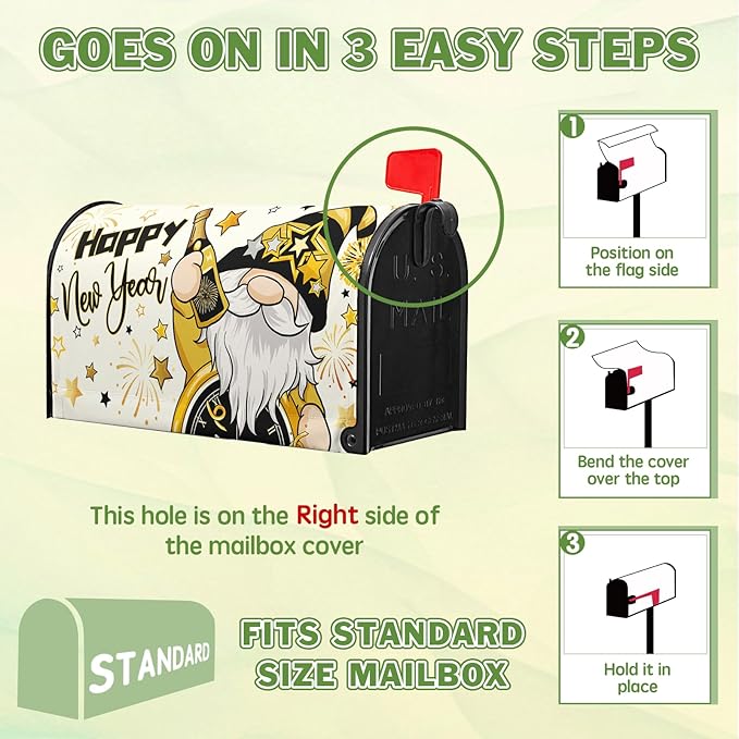 Happy New Year Mailbox Covers Magnetic Standard Size 21x18 Inch Dwarf Black Gold Decorations Mailbox Cover for Outdoor Garden Yard Decor
