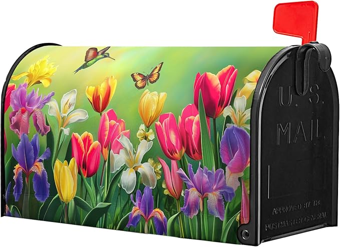 Easter Floral Mailbox Cover Magnetic, Tulip Lily Flowers Mailbox Wrap, 25.5"x21" Spring Summer Large Size Waterproof Letter Post Cover for Yard Garden Outdoor Outside Decoration
