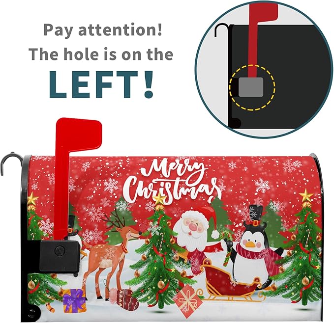 Merry Christmas Mailbox Cover, Magnetic Standard Size 21x18 Inch, Xmas Trees Santa Claus Snowman Reindeer Penguin Mailbox Wrap Post Cover for Garden Yard Outdoor Home New Year Decor