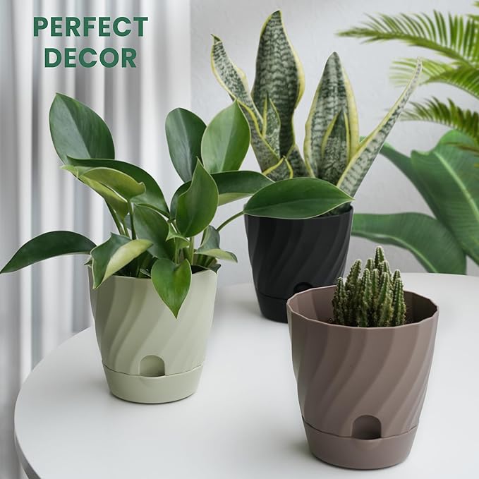 Plant Pots with Drainage, Self Watering Pots for Indoor Plants, Home Decor Flower Planters, 4 Pack 6 Inch Plastic Planters Succulent Pots, Black
