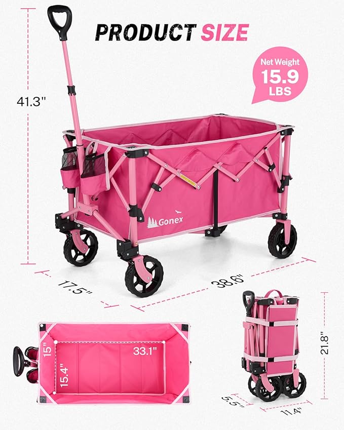 Gonex 38''L Collapsible Foldable Wagon Cart with 360lbs Weight Capacity, 220L Folding Utility Garden Cart with Detachable Wheels for Grocery Sports Shopping Camping - Pink