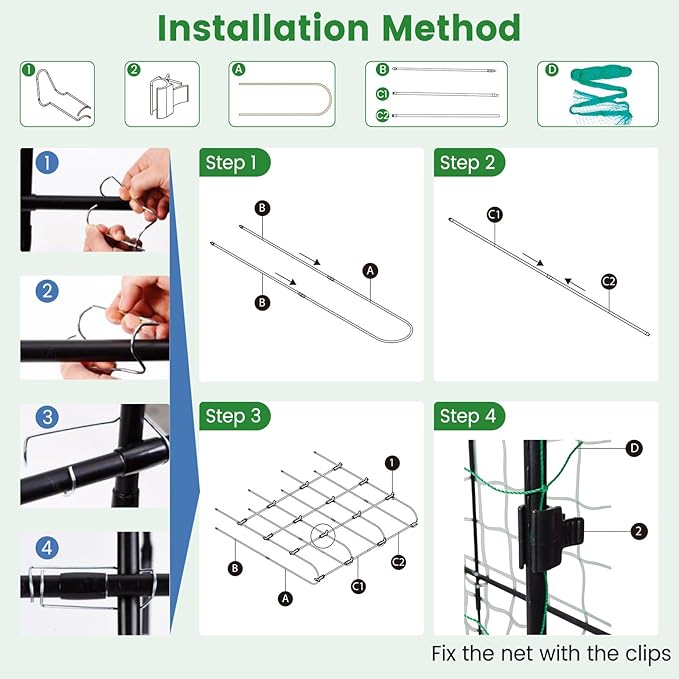 71" x 71" Cucumber Trellis for Raised Bed, Garden Arch Trellis Metal Plant Support Frame with Netting, Sure-Clips & Ground Stakes, U-Shaped Garden Trellis for Climbing Plants Outdoor