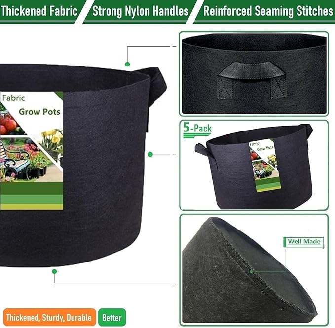 5-Pack 3 Gallon Thickened Plant Grow Bags (10x8 inch) Gardening Bags Fabric Plant Pots for Garden Pots,Flower Pot,Plant Nursery Bag,Herbs Veggies Planter Bag,Barrel Planter,Garden Container W/ Gloves