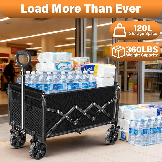 Wagons Carts Foldable Collapsible Wagon — Multi-Use Folding Utility Wagon Cart Portable for Groceries,Apartment Living,Sports,Park&Storage|Collapsible Wagon with Wheels for Yard Work,Shopping,Black