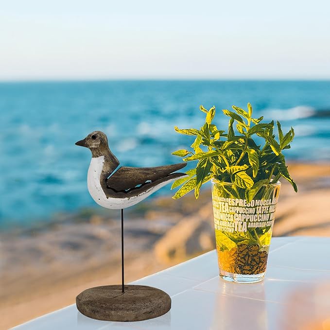 Aecipl Wooden Sea Bird Statue Seagull On Stand Decor Nautical Coastal Birds Sculpture Indoor Outdoor Animal Figurine Beach Themed Decoration Rustic Home Art for Bedroom Garden (C)