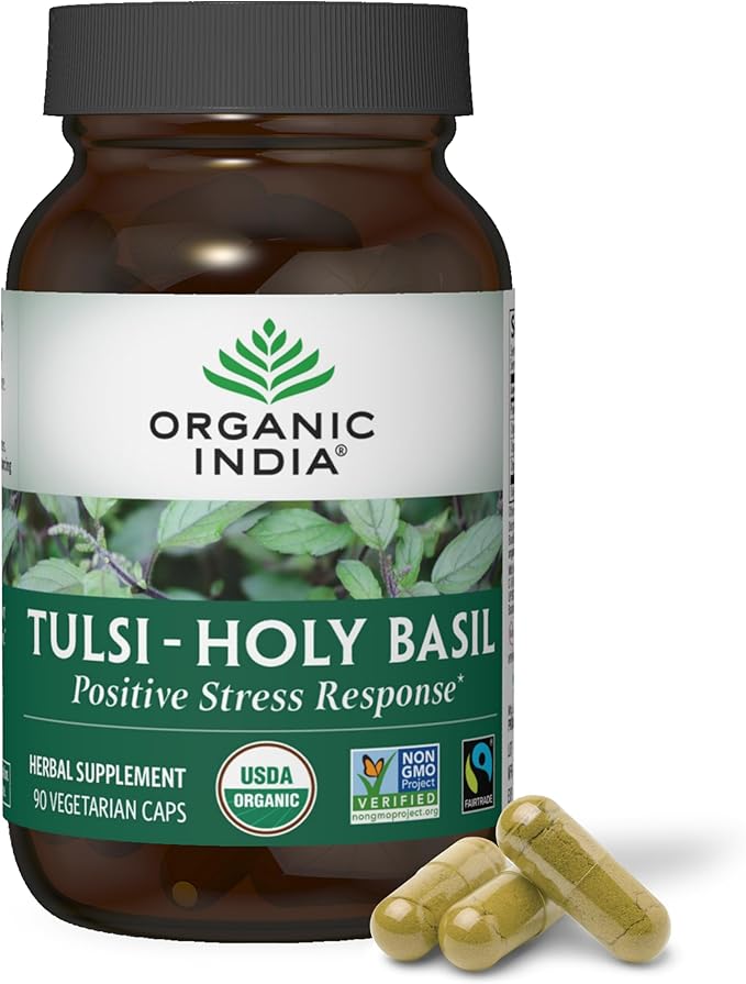 ORGANIC INDIA Tulsi Herbal Supplement - Holy Basil, Immune Support, Adaptogen, Supports Healthy Stress Response, Vegan, Gluten-Free, Kosher, USDA Certified Organic, Non-GMO - 90 Capsules